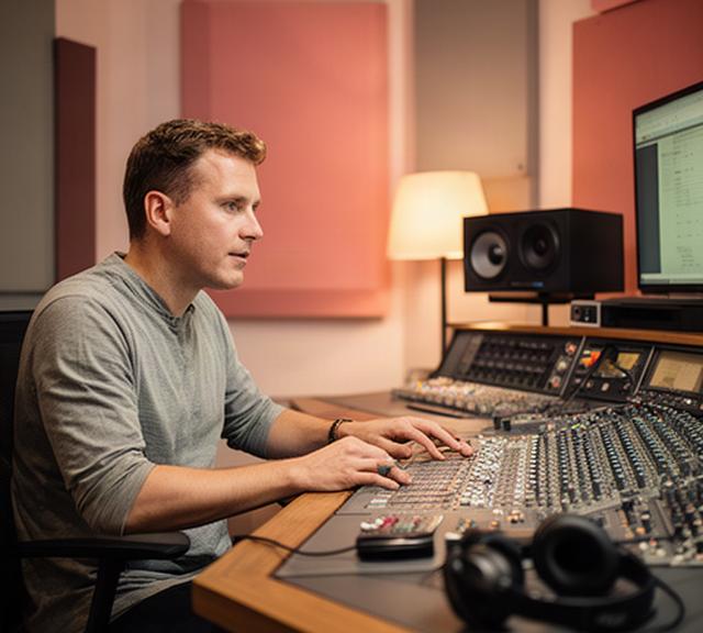 Podcast producer working at a mixing desk in a warmly lit Lambeth studio