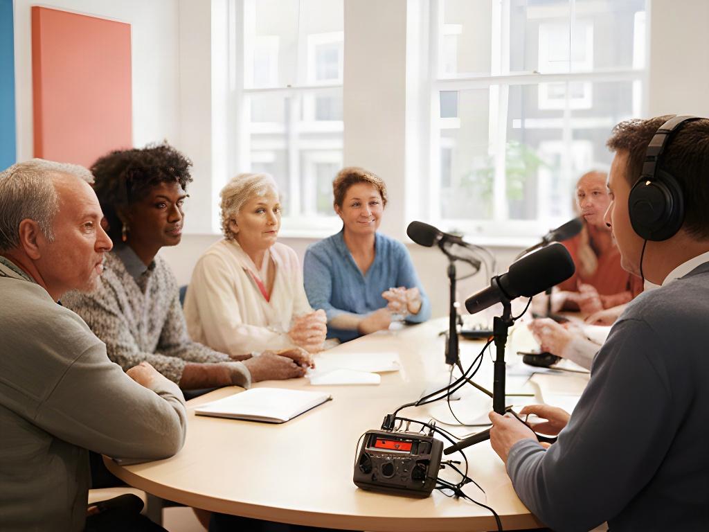 Podcast producer recording a community discussion in a bright Lambeth meeting room