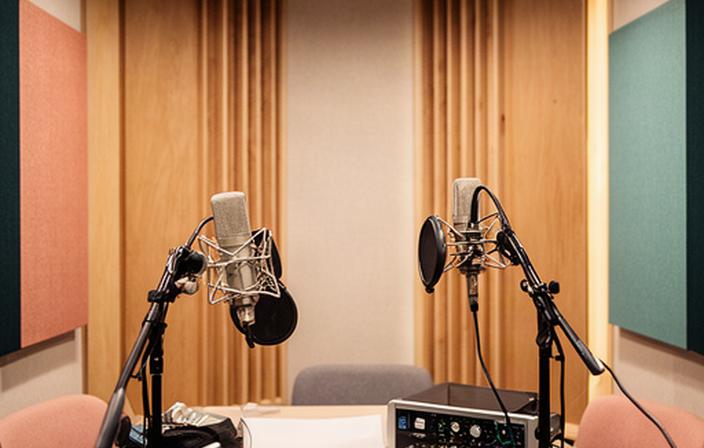 Acoustically treated podcast recording booth with two microphones and warm timber panels in Lambeth