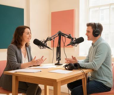 Client director meeting a podcast guest at a bright London recording studio