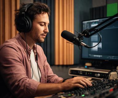 Sound designer shaping a podcast session with headphones in an acoustically treated room